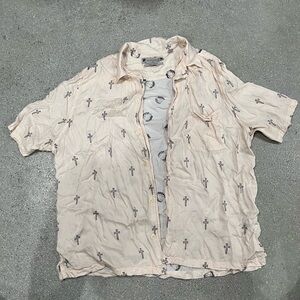 AllSaints Cream Button-Up Shirt with Cross Pattern